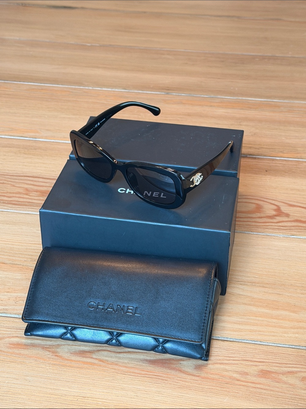 CHANEL Black Square Sunglasses with Gold CC Emblem and Leather Case + Box